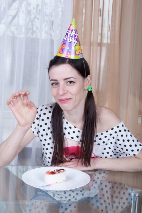 Skinny birthday girl Maria Rosa strips on glass table to toy her hairy hole