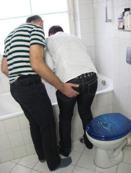 Short haired, big titted German MILF rides oldman cock in the bathroom
