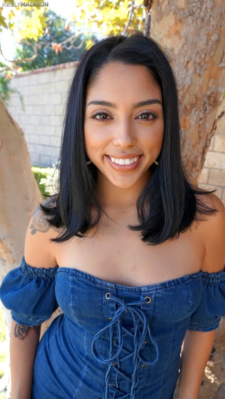Brown skinned Latina Vanessa Sky flaunts natural tits & nice bum outdoors