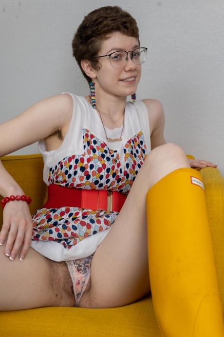 Short haired nerd Morgan K reveals her big juggs and toys her hairy pussy
