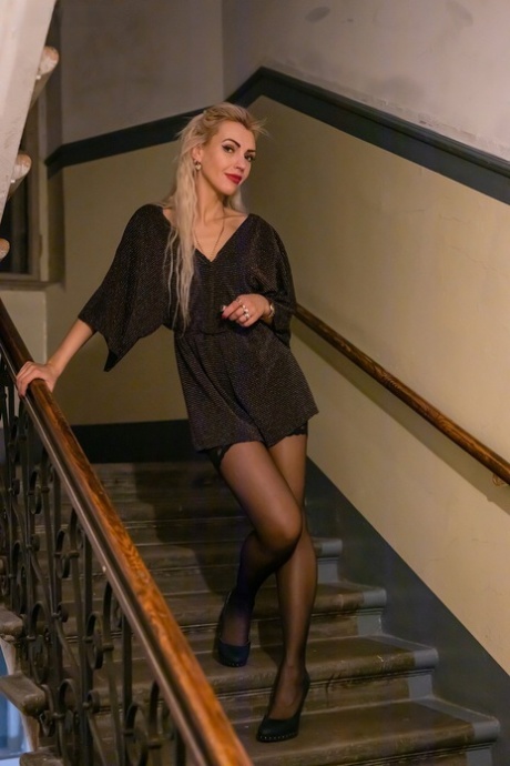 Skinny blonde mature Milena rides a fat boner in hot lacy stockings